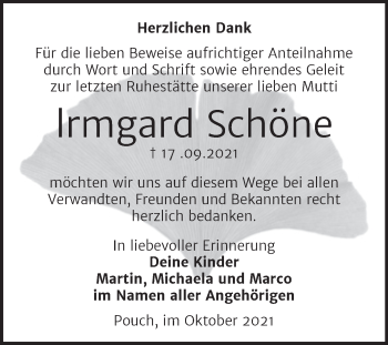 Traueranzeige von Irmgard Schöne von Trauerkombi Bitterfeld