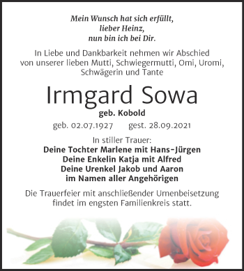 Traueranzeige von Irmgard Sowa von Trauerkombi Bitterfeld