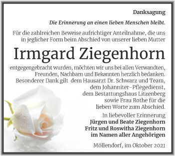 Traueranzeige von Irmgard Ziegenhorn von Trauerkombi Mansfelder Land