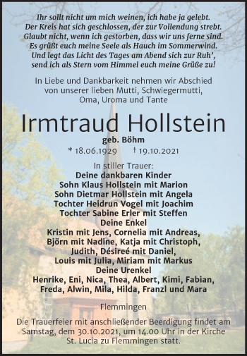 Traueranzeige von Irmtraud Hollstein von Wochenspiegel Naumburg/Nebra