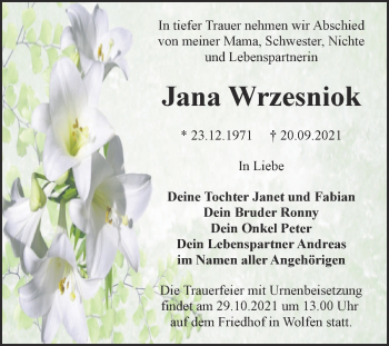 Traueranzeige von Jana Wrzesniok von Trauerkombi Bitterfeld