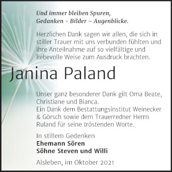 Traueranzeige von Janina Paland von Trauerkombi Bernburg