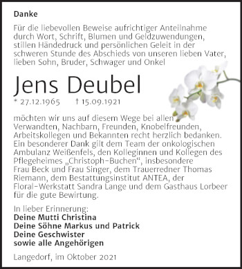 Traueranzeige von Jens Deubel von Trauerkombi Weißenfels