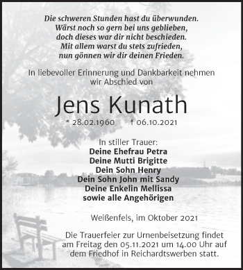 Traueranzeige von Jens Kunath von Trauerkombi Weißenfels
