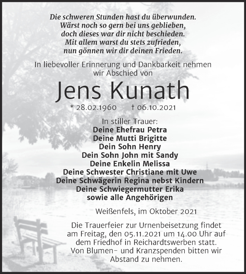  Traueranzeige für Jens Kunath vom 13.10.2021 aus Trauerkombi Weißenfels