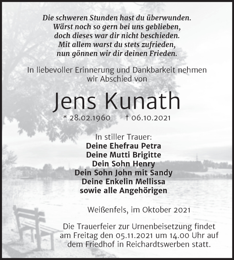  Traueranzeige für Jens Kunath vom 09.10.2021 aus Trauerkombi Weißenfels