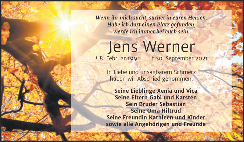  Traueranzeige für Jens Werner vom 09.10.2021 aus Trauerkombi Zeitz