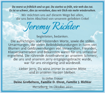 Traueranzeige von Jeremy Richter von Trauerkombi Merseburg