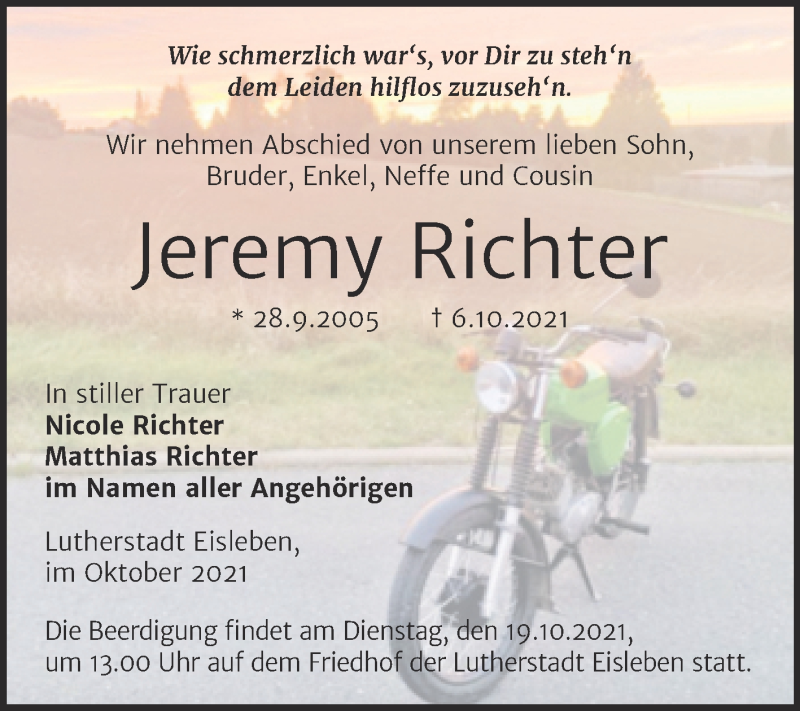  Traueranzeige für Jeremy Richter vom 13.10.2021 aus Mitteldeutsche Zeitung Merseburg/Querfurt