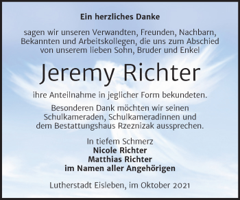 Traueranzeige von Jeremy Richter von Trauerkombi Mansfelder Land