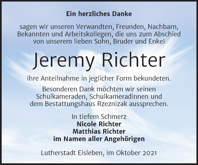  Traueranzeige für Jeremy Richter vom 29.10.2021 aus Trauerkombi Mansfelder Land