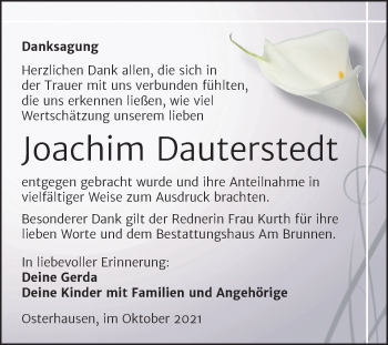 Traueranzeige von Joachim Dauterstedt von Trauerkombi Mansfelder Land