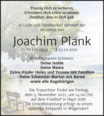 Traueranzeige von Joachim Plank von Trauerkombi Sangerhausen