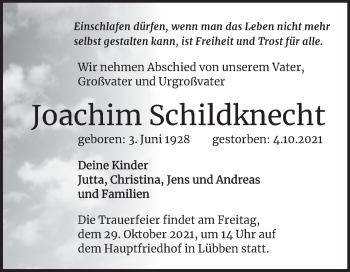 Traueranzeige von Joachim Schildknecht von Trauerkombi Köthen