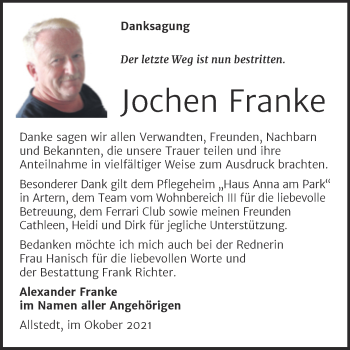 Traueranzeige von Jochen Franke von Trauerkombi Sangerhausen