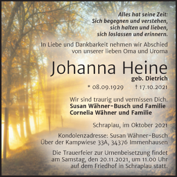 Traueranzeige von Johanna Heine von Trauerkombi Merseburg