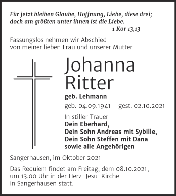 Traueranzeige von Johanna Ritter von Mitteldeutsche Zeitung Sangerhausen