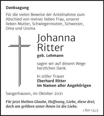 Traueranzeige von Johanna Ritter von Trauerkombi Sangerhausen