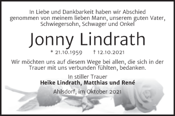 Traueranzeige von Jonny Lindrath von Trauerkombi Mansfelder Land