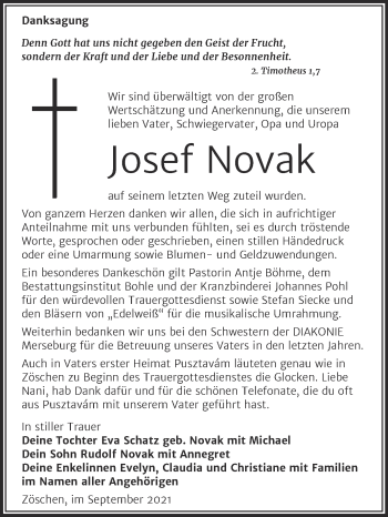 Traueranzeige von Josef Novak von Trauerkombi Merseburg