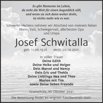 Traueranzeige von Josef Schwitalla von Trauerkombi Weißenfels