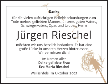 Traueranzeige von Jürgen Rieschel von Trauerkombi Weißenfels