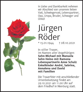 Traueranzeige von Jürgen Röder von Trauerkombi Bernburg