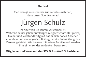 Traueranzeige von Jürgen Schulz von Trauerkombi Aschersleben