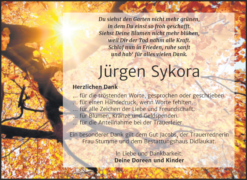  Traueranzeige für Jürgen Sykora vom 02.10.2021 aus Super Sonntag Quedlingburg