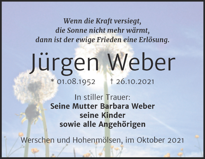  Traueranzeige für Jürgen Weber vom 30.10.2021 aus Trauerkombi Weißenfels