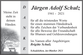 Traueranzeige von Jürgen Adolf Schulz von Trauerkombi Aschersleben