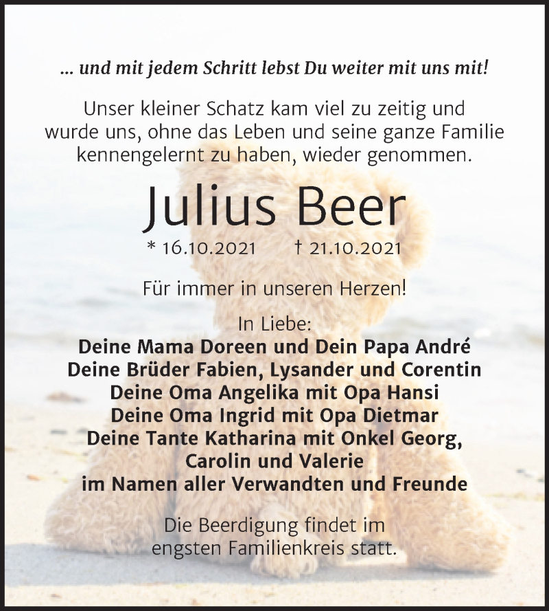  Traueranzeige für Julius Beer vom 30.10.2021 aus Trauerkombi Zeitz
