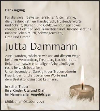 Traueranzeige von Jutta Dammann von Trauerkombi Wittenberg