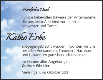 Traueranzeige von Käthe Erbe von Trauerkombi Aschersleben