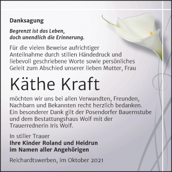 Traueranzeige von Käthe Kraft von Trauerkombi Weißenfels