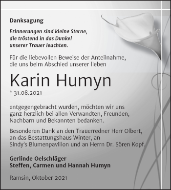 Traueranzeige von Karin Humyn von Trauerkombi Bitterfeld