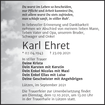 Traueranzeige von Karl Ehret von Trauerkombi Weißenfels