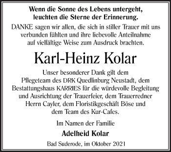 Traueranzeige von Karl-Heinz Kolar von Trauerkombi Quedlinburg