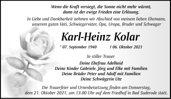 Traueranzeige von Karl-Heinz Kolar von Trauerkombi Quedlinburg