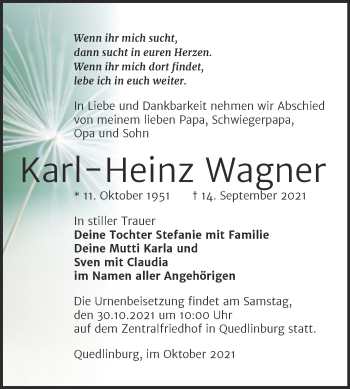 Traueranzeige von Karl-Heinz Wagner von Trauerkombi Quedlinburg