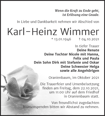 Traueranzeige von Karl-Heinz Wimmer von Trauerkombi Wittenberg