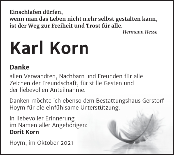 Traueranzeige von Karl Korn von Trauerkombi Aschersleben