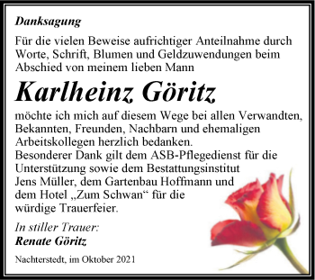Traueranzeige von Karlheinz Göritz von Trauerkombi Aschersleben