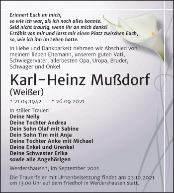 Traueranzeige von Karl Heinz Mußdorf von Trauerkombi Köthen