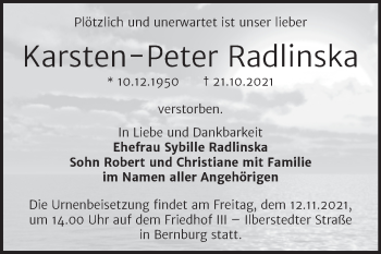 Traueranzeige von Karsten-Peter Radlinska von Trauerkombi Bernburg