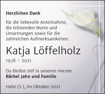 Traueranzeige von Katja Löffelholz von Mitteldeutsche Zeitung Halle/Saalkreis