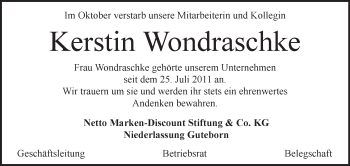 Traueranzeige von Kerstin Wondraschke von Mitteldeutsche Zeitung Zeitz