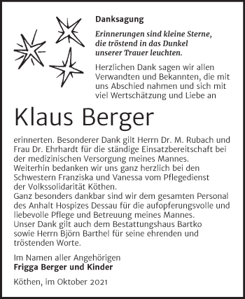 Traueranzeige von Klaus Berger von Trauerkombi Köthen