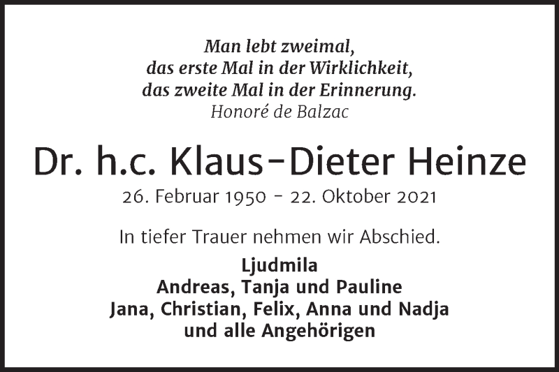  Traueranzeige für Klaus-Dieter Heinze vom 30.10.2021 aus Mitteldeutsche Zeitung Halle/Saalkreis