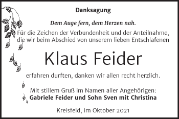 Traueranzeige von Klaus Feider von Trauerkombi Mansfelder Land